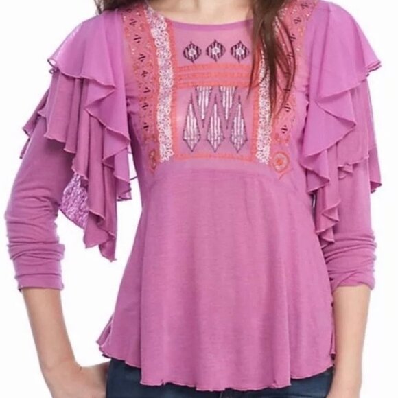 Free People Womens Purple Long Flutter Sleeve Embroidered Top Sz M New - Picture 3 of 11
